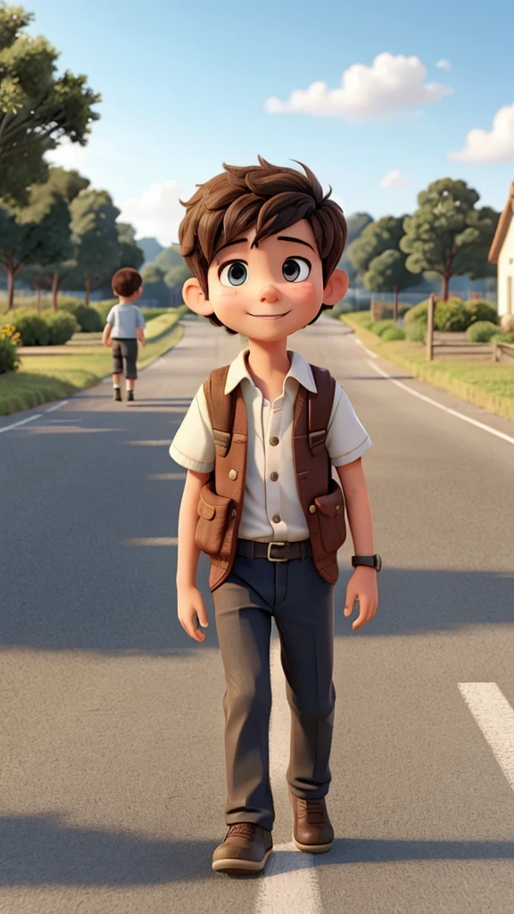 A boy was happily walking on the road and he talks to friend