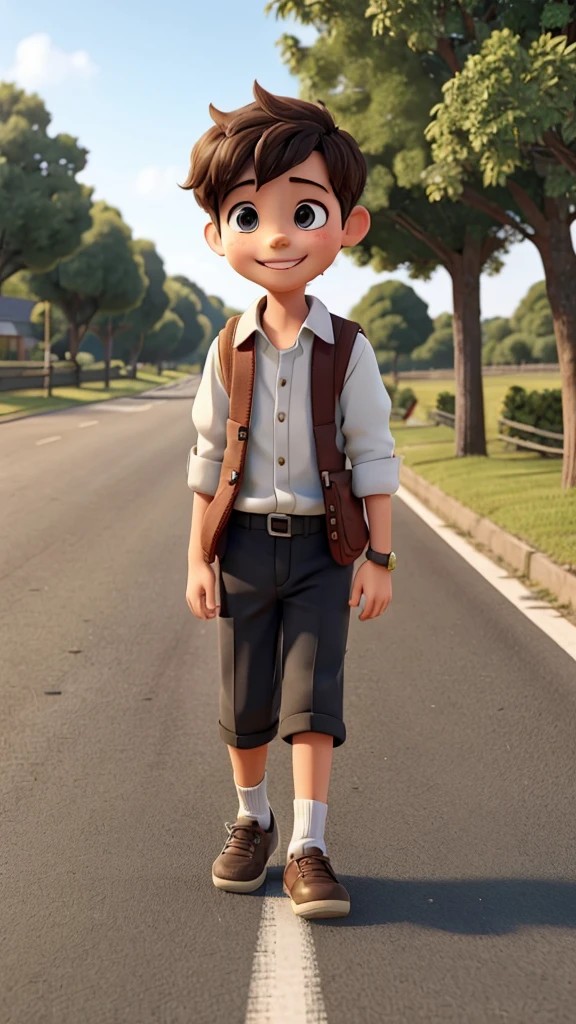 A boy was happily walking on the road and he talks to friend