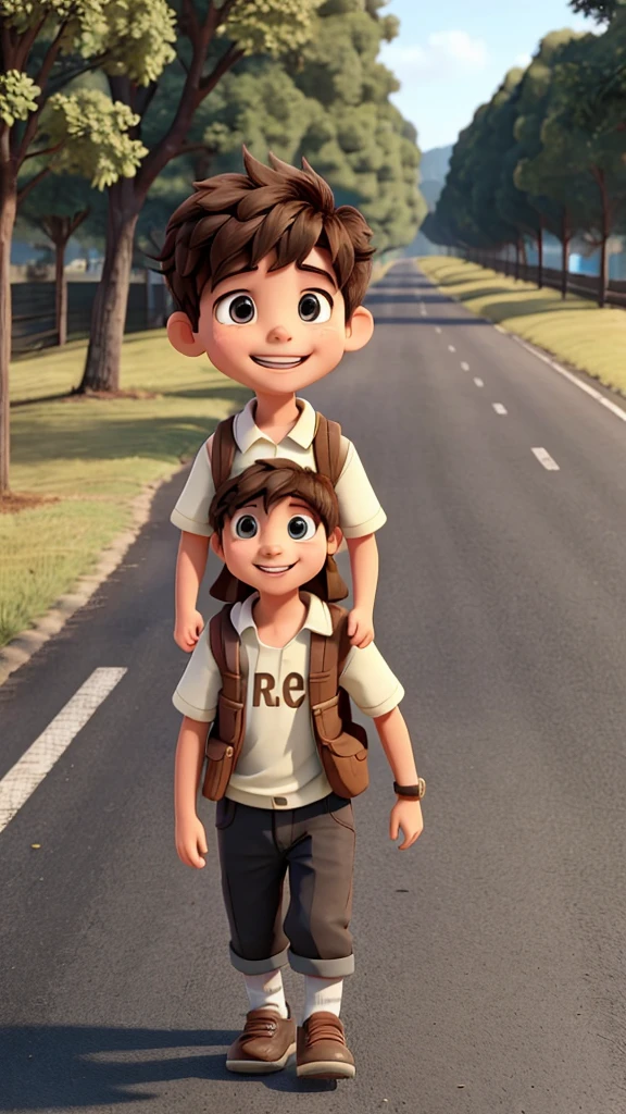 A boy was happily walking on the road and he talks to friend