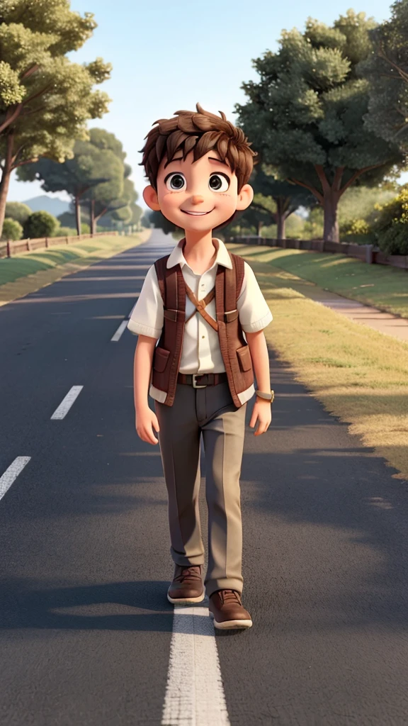 A boy was happily walking on the road and he talks to friend