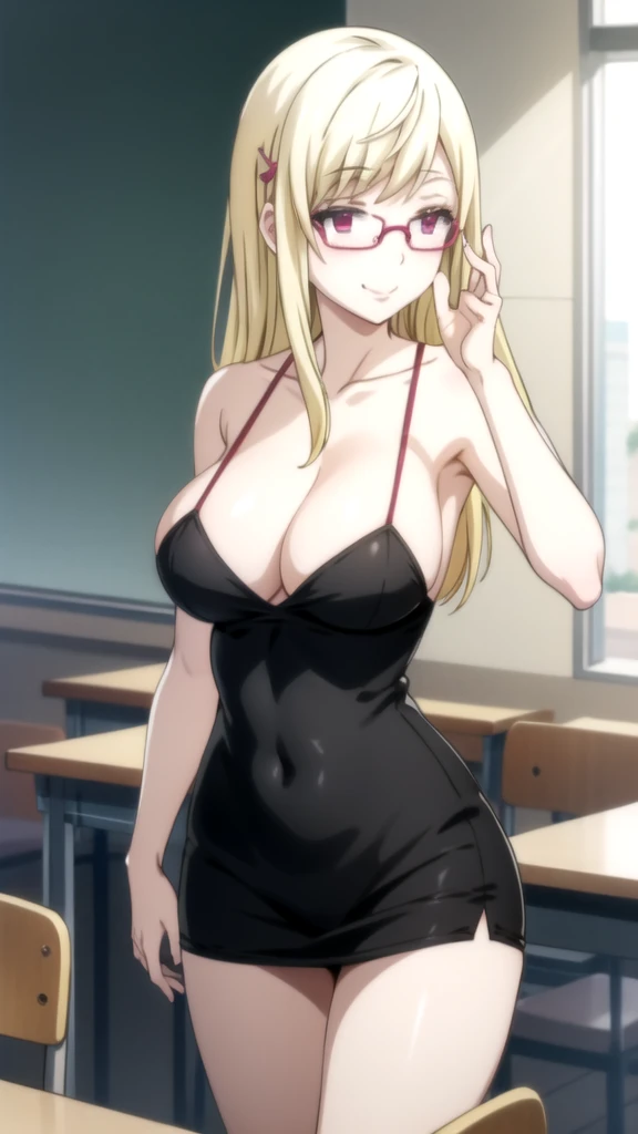 Anime girl with glasses and a black shirt posing in a classroom., oppai, con , biomechanical OPPAI, big breastse anime girl, (sfw) Insurance for work, big breasts!!, oppai p Nagatoro, breasts covered and sfw, anime motyle, cyberpunk oppai, Ecchi anime style, Con big breasts (animl) Yamada mocking smilehica , by rubio, alone, wide, hair ornament, , smile, bow, red eyes my dress darling anime, beautiful seductress anime anime