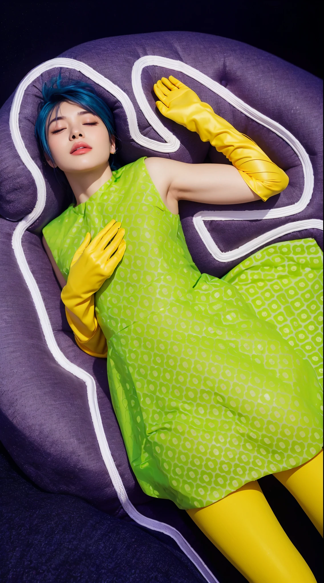 This image showcases a woman with a radiant and serene beauty, highlighted by her glossy, satin-like skin that gives her a refined and graceful appearance. Her striking blue hair is styled in a modern, edgy cut, adding a vivid pop of color that contrasts beautifully with her delicate facial features. Her expression is peaceful, and her closed eyes evoke a sense of tranquility. She wears a bright green dress with a playful geometric pattern, complemented by bold yellow gloves that reach her elbows, enhancing her stylish and colorful ensemble. The overall composition is framed against a purple background with a white silhouette outline, which further accentuates her striking appearance and the vibrant colors of her attire. glossy texture, smooth 3d model, multiple light sources, rim light, sharp post effects render, (glossy plastic texture with multiple big light probe refractions), perfect cgi, smooth silhouette, high intensity refraction, (super glossy plastic material), most beautiful vfx, , realistic, 4k, high resolution, rim light, smooth 3d model, multiple light sources, rim light, sharp post effects render,, realistic, 4k, high resolution, rim light detailed digital art, reflective, best quality, 4k, masterpiece:1.2, ultra-detailed, realistic, vivid colors, The image of the highest quality, ensuring every detail showcased perfectly. It in 4k resolution, allowing viewers to immerse themselves in the richness of the colors and intricate details. The realistic rendering. under the spotlight, reflecting, high-resolution image, realistic rendering