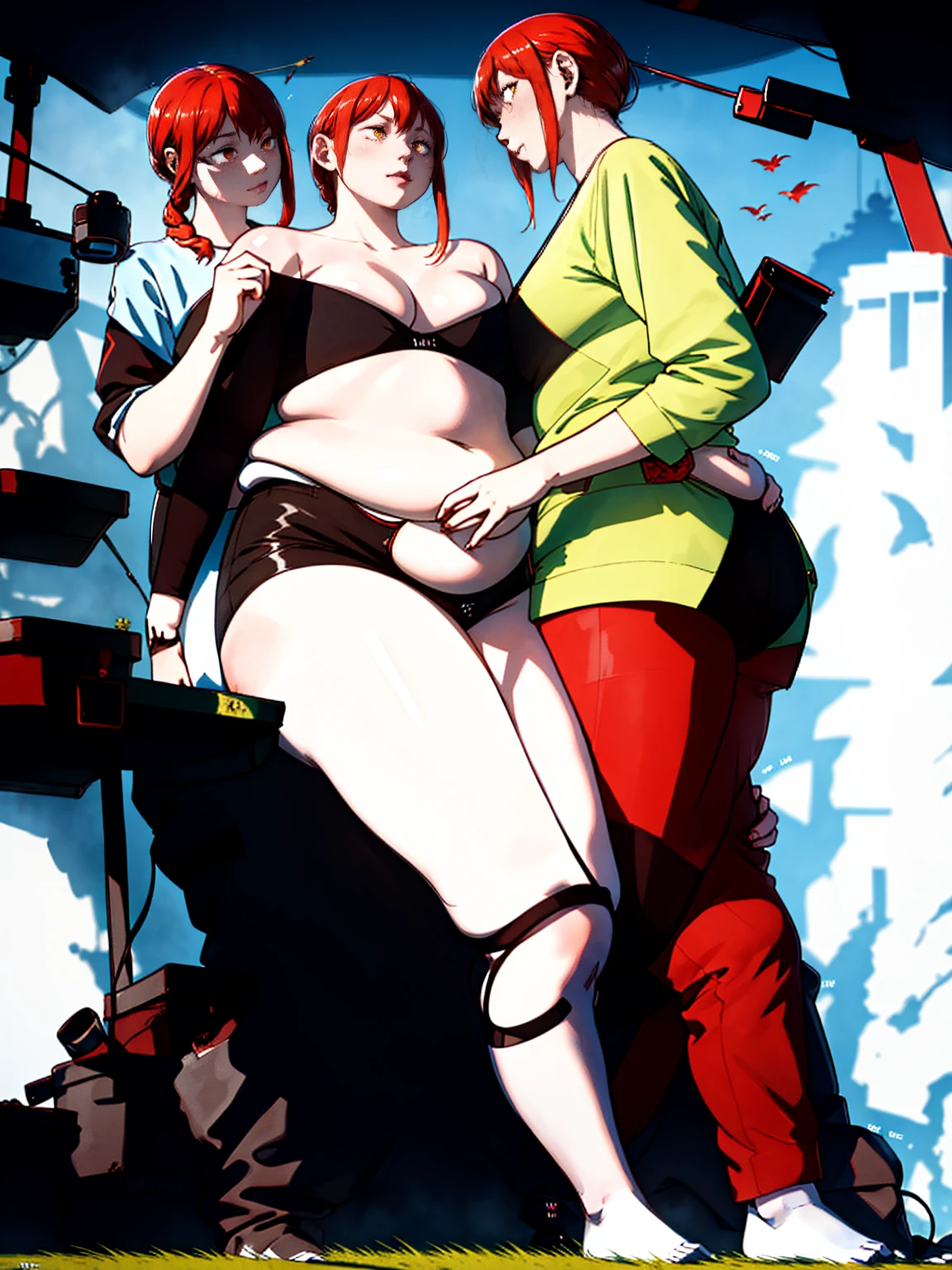 Le personnage Makima de la série animée Chainsaw Man, fragile, obésité morbide, ssbbw, pleine longueur (corps entier 1.1.), fond sombre, obscurité, anatomie correcte 1.1, anatomie correcte de la main, Très féminin, corps gras et rond, grosses Jambes, fesses, beau corps obèse, ventre rond et mou très gras, cheveux roux, Yeux oranges, Cercles rouges pour les écoliers, chemise blanche, jupe noire, cravate noire, pose sexy, réaliste, very détaillé, beau corps, détaillé body, détaillé hands, détaillé, vibrant, détaillé Face, Conception des personnages de Makima. very détaillé, détaillé body, détaillé hands, détaillé Face, Art animé, Hugh Détails, Visage très abattu, détaillé eyes, Illustration ultra fine, Meilleure ombre, détail fin, beautiful détaillé glow, beautiful détaillé, Extraordinairement beau, extremely détaillé, inexpressif, composition épique, Style animé. art animé, Style animé. Jupe noire, chemise blanche, cravatte, pose sexy. Double menton, visage très gras, grosses joues, joues potelées