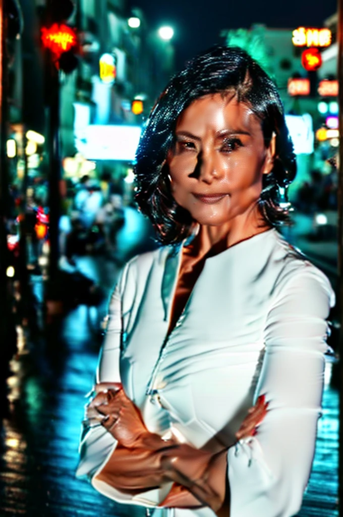 cinematic, Blue hour, (((Ultimate ultra Photorealistic, ultimate high-quality 32k photo))),(((An American shot photo, crossed arms, a42yo ultimate beautiful &cute Japanese actress:))),(((She has a very intelligent and ultimate beautiful Japanese face&black eyes, pointy nose, ultra detailed face, oval face, blushing cheeks, ultimate well-proportioned face with))),((black elegant wet short middle bob, very light naturally makeup)),(((She has the ultimately perfect nice&Sensual proportions, very just fitted v-neck half sleeve white elegant business buttonless Open-collar blouses , white beautiful ultimate realistic glossy wet Japanese lady Fair and beautiful skin , A simple and modest silver necklace,Stormy Summer very Humid and Hot very dark Night ,Tokyo business night street)))