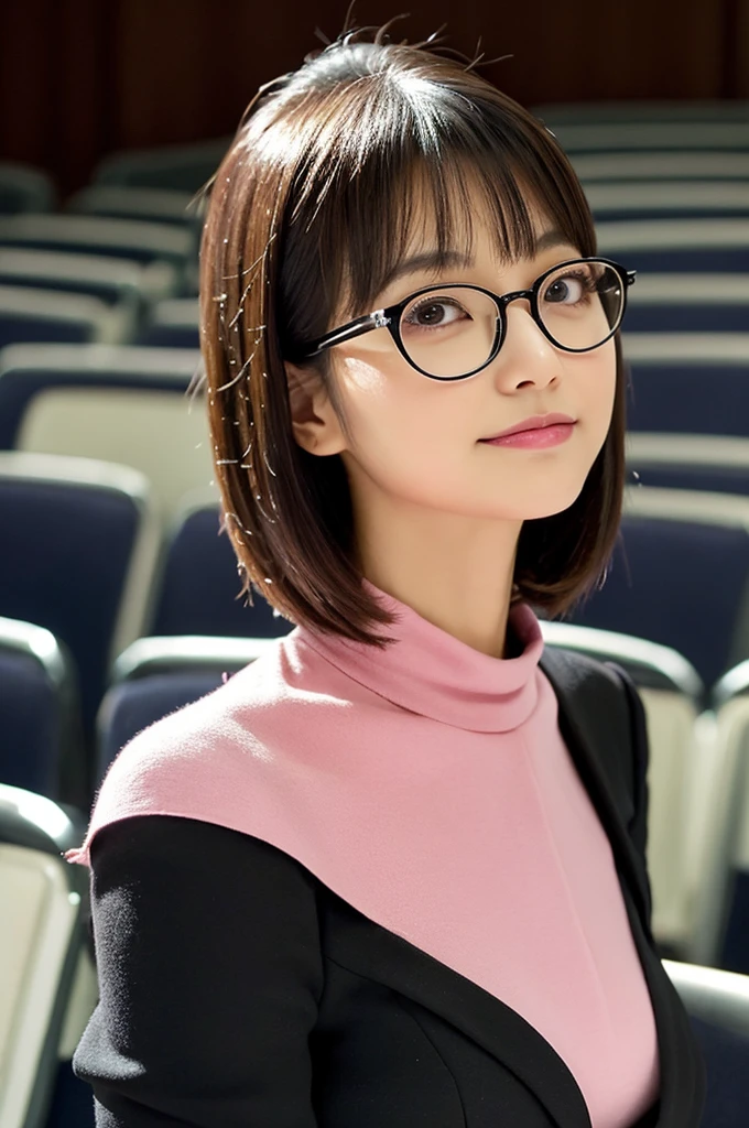 Adult feminine sex appeal、Sexy female scholar、University lecture hall, university psychology associate professor, ((full body)), ((photo)), ((best qualtiy, 8K, tmasterpiece:1.3)), Focus:1.2, perfect figure beautiful woman:1.41woman, cowboy shot, look at viewer, eyes facing the camera, incredibly absurd, beautiful and cute woman with a photorealistic face, showcasing top-quality craftsmanship, A Japanese woman giving a lecture at a university lecture hall, 27 years old, with a bob cut and flipped hair, short bangs swept at an angle, smooth and shiny hair, natural hairline, fair and smooth skin, plump and healthy cheeks, large, jet black eyes, round eyes, long and upward-facing eyelashes, double eyelids, thin and straight eyebrows, small and round nose, plump lips, upturned corners of the mouth, charming smile, cute face, glamorous, well-balanced proportions, tall, beautiful D-cup breasts, silver-rimmed glasses, pink blouse, black tight skirt, fashion with a waist-marked silhouette, scarf, heeled shoes, vanilla perfume, beautiful, pretty older woman, glasses suit her, knowledgeable, playful, curious, smart, elegant, November