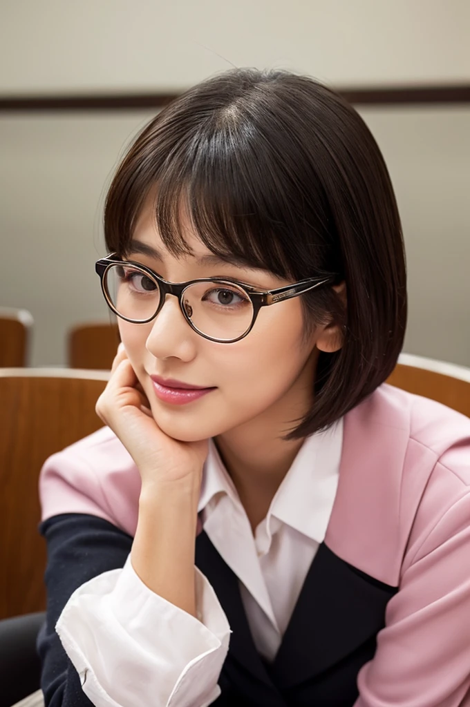 Adult feminine sex appeal、Sexy female scholar、University lecture hall, university psychology associate professor, ((full body)), ((photo)), ((best qualtiy, 8K, tmasterpiece:1.3)), Focus:1.2, perfect figure beautiful woman:1.41woman, cowboy shot, look at viewer, eyes facing the camera, incredibly absurd, beautiful and cute woman with a photorealistic face, showcasing top-quality craftsmanship, A Japanese woman giving a lecture at a university lecture hall, 27 years old, with a bob cut and flipped hair, short bangs swept at an angle, smooth and shiny hair, natural hairline, fair and smooth skin, plump and healthy cheeks, large, jet black eyes, round eyes, long and upward-facing eyelashes, double eyelids, thin and straight eyebrows, small and round nose, plump lips, upturned corners of the mouth, charming smile, cute face, glamorous, well-balanced proportions, tall, beautiful D-cup breasts, silver-rimmed glasses, pink blouse, black tight skirt, fashion with a waist-marked silhouette, scarf, heeled shoes, vanilla perfume, beautiful, pretty older woman, glasses suit her, knowledgeable, playful, curious, smart, elegant, November