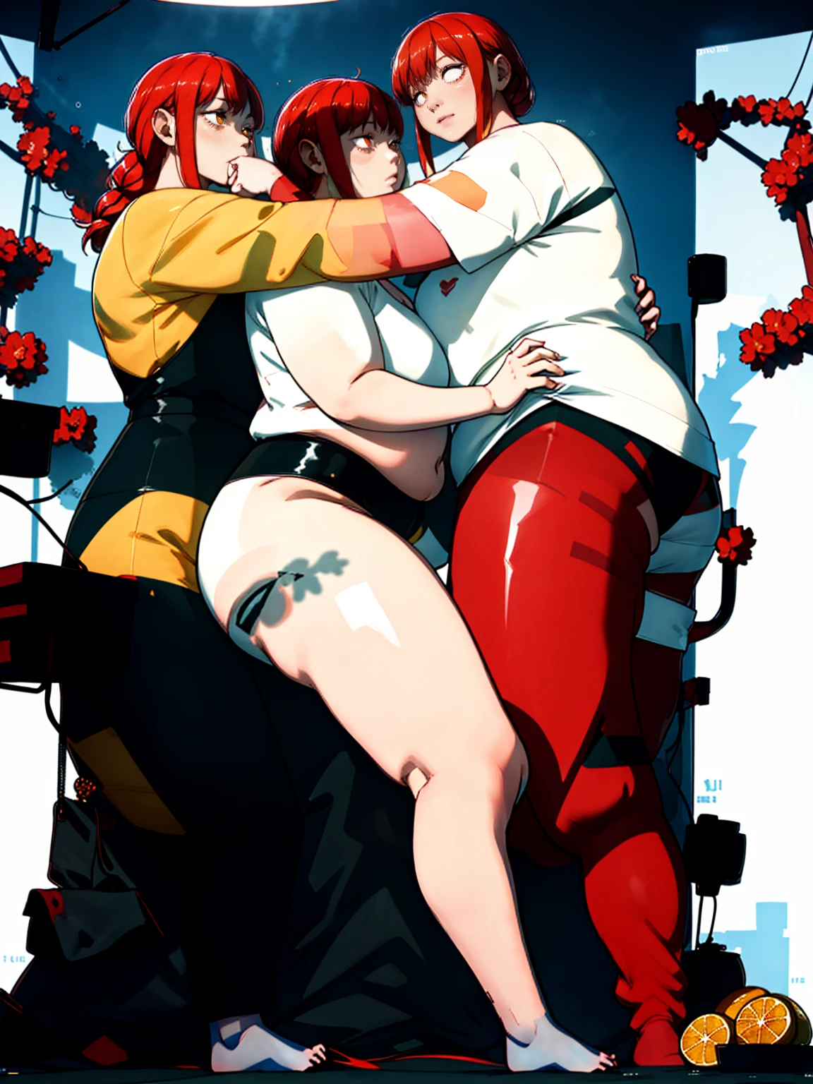 Le personnage Makima de la série animée Chainsaw Man, fragile, obésité morbide, ssbbw, pleine longueur (corps entier 1.1.), fond sombre, obscurité, anatomie correcte 1.1, anatomie correcte de la main, Très féminin, corps gras et rond, grosses Jambes, fesses, beau corps obèse, ventre rond et mou très gras, cheveux roux, Yeux oranges, Cercles rouges pour les écoliers, chemise blanche, jupe noire, cravate noire, pose sexy, réaliste, very détaillé, beau corps, détaillé body, détaillé hands, détaillé, vibrant, détaillé Face, Conception des personnages de Makima. very détaillé, détaillé body, détaillé hands, détaillé Face, Art animé, Hugh Détails, Visage très abattu, détaillé eyes, Illustration ultra fine, Meilleure ombre, détail fin, beautiful détaillé glow, beautiful détaillé, Extraordinairement beau, extremely détaillé, inexpressif, composition épique, Style animé. art animé, Style animé. Jupe noire, chemise blanche, cravatte, pose sexy. Double menton, visage très gras, grosses joues, joues potelées