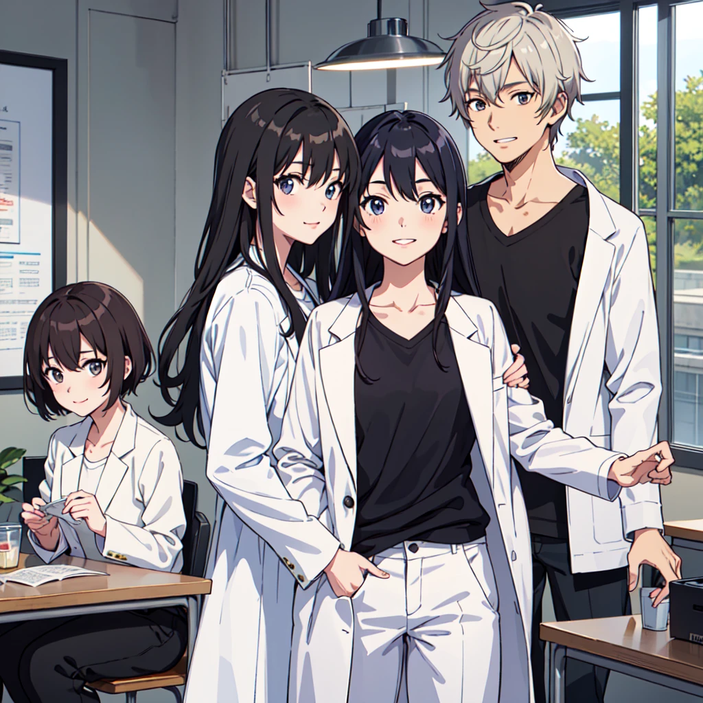 masterpiece,high quality,
anime art style,looking at viewer,smile,
ADDBASE,3 people,
yukinoshita yukino,1girl,long hair,,open jacket,ribbon,white shirt,
ADDCOL,3 people,
yuigahama yui,1girl,short hair,open jacket,,ribbon,white shirt,
ADDCOL,3 people,
hiratsuka shizuka,1girl,long hair,teacher,labcoat,black shirt,white coat,black hair,black pants,