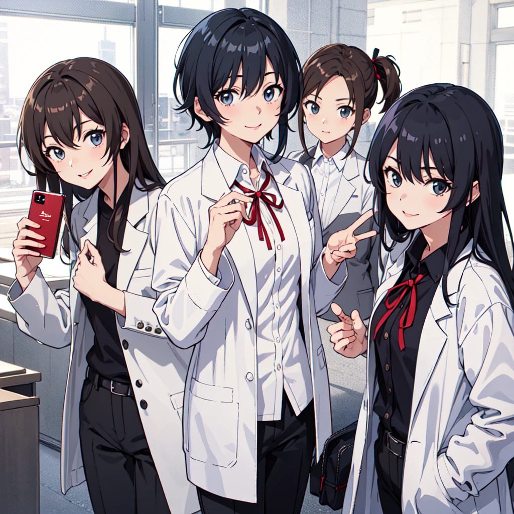 masterpiece,high quality,
anime art style,looking at viewer,smile,
ADDBASE,3 people,
yukinoshita yukino,1girl,long hair,,open jacket,ribbon,white shirt,
ADDCOL,3 people,
yuigahama yui,1girl,short hair,open jacket,,ribbon,white shirt,
ADDCOL,3 people,
hiratsuka shizuka,1girl,long hair,teacher,labcoat,black shirt,white coat,black hair,black pants,