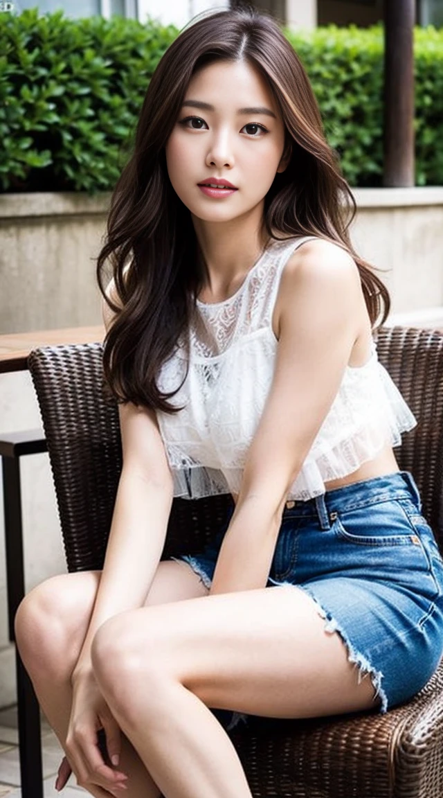 Dark brown hair、Light brown eyes、Japanese actress、 Lady、I am about 40 years old...........、(Intricate details:1.2)、 (Ultra-high resolution:1.2)、Ultra-high resolution、(Finely tuned)、(Detailed facial features)、Hmph、8K resolution、D cup size breasts、Long Hair、Tulle Frills Top、Denim pants、At the terrace cafe、Basking in the sunshine、Sitting on a chair on the terrace、Beautiful legs、Sandals、