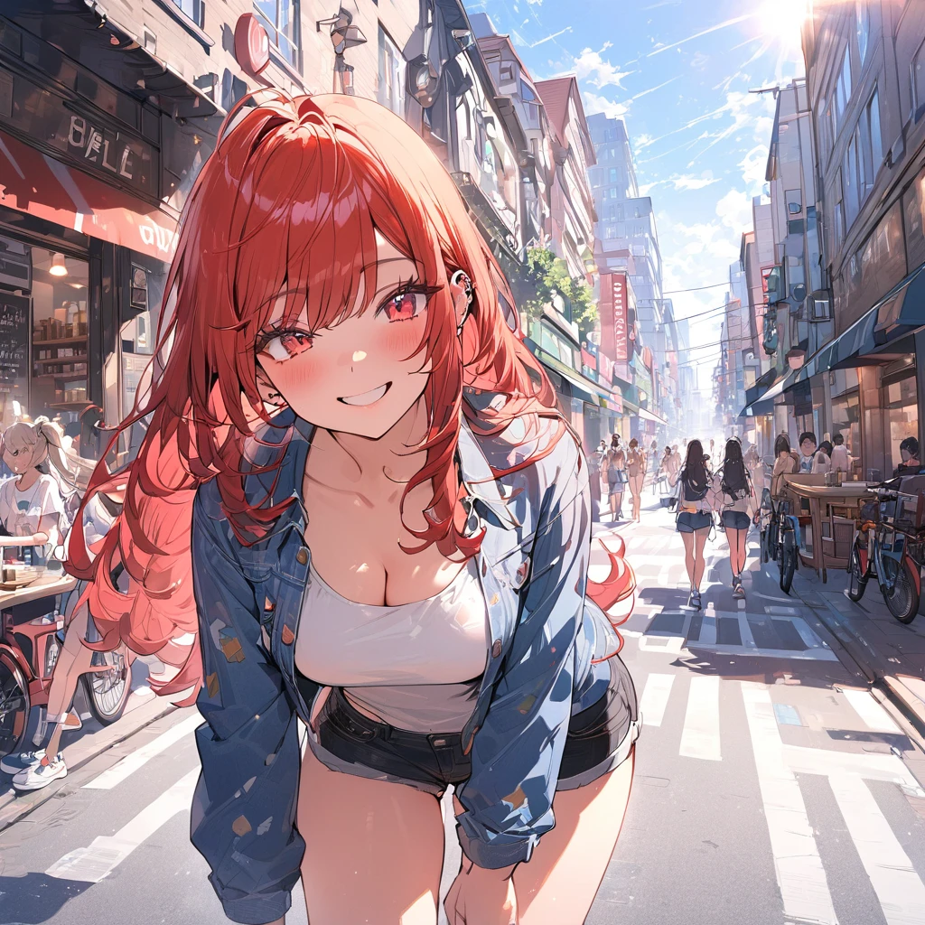 (masterpiece:1.5), highest quality, Super detailed, very detailed, exquisite, 16k, Full HD, very aesthetic, absurdres, anime style, 1girl, high school girl, beautiful, female, super sexy girl, 20 years old, long hair, pony tail , joyful smile, trendy casual fashion, denim jacket, white T-shirt, shorts, sneakers, taking, busy street with cafes and boutiques, sunny afternoon, bright sunlight on girl's face, soft shadows, people and bicycles in the background, blue sky and tall buildings in the distance, sharp focus on subject, vivid colors, cheerful and lively atmosphere, warm sunlight feel, good proportion, (cleavage:1:1)
