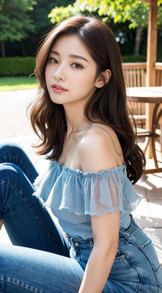 Dark brown hair、Light brown eyes、Japanese actress、 Lady、I am about 40 years old...........、(Intricate details:1.2)、 (Ultra-high resolution:1.2)、Ultra-high resolution、(Finely tuned)、(Detailed facial features)、Hmph、8K resolution、D cup size breasts、Long Hair、Tulle Frills Top、Denim pants、At the terrace cafe、Basking in the sunshine、Sitting on a chair on the terrace、Beautiful legs、Sandals、