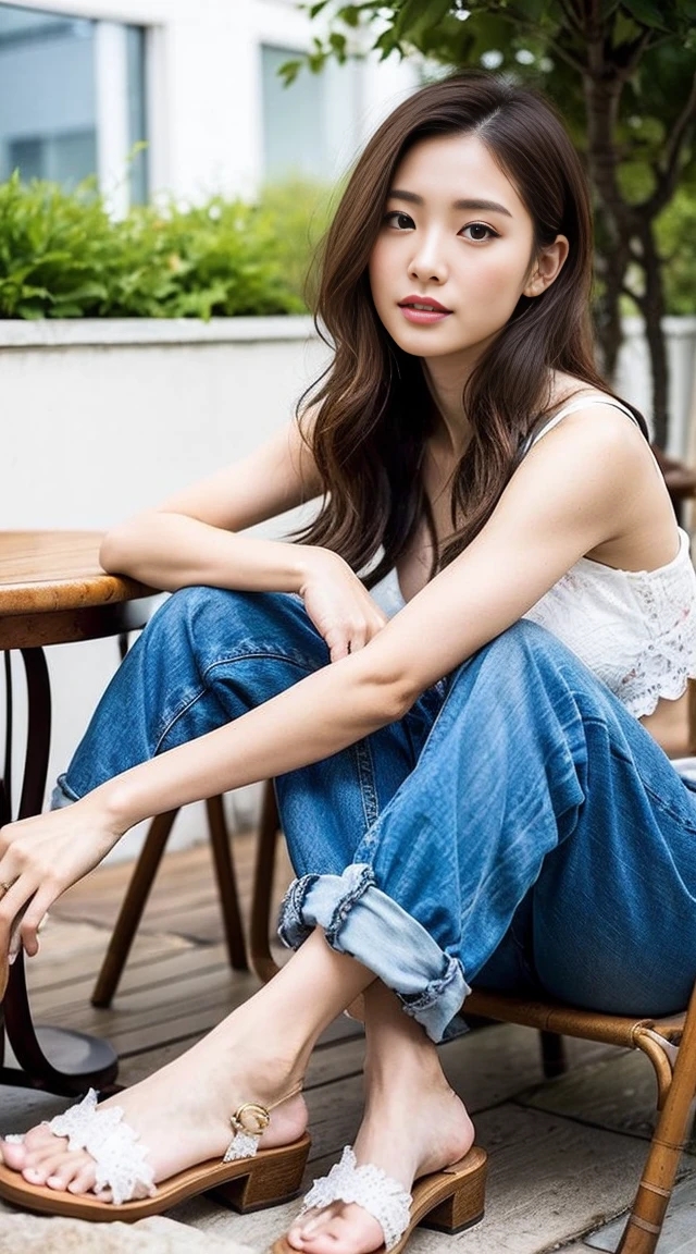 Dark brown hair、Light brown eyes、Japanese actress、 Lady、I am about 40 years old...........、(Intricate details:1.2)、 (Ultra-high resolution:1.2)、Ultra-high resolution、(Finely tuned)、(Detailed facial features)、Hmph、8K resolution、D cup size breasts、Long Hair、Tulle Frills Top、Denim pants、At the terrace cafe、Basking in the sunshine、Sitting on a chair on the terrace、Beautiful legs、Sandals、