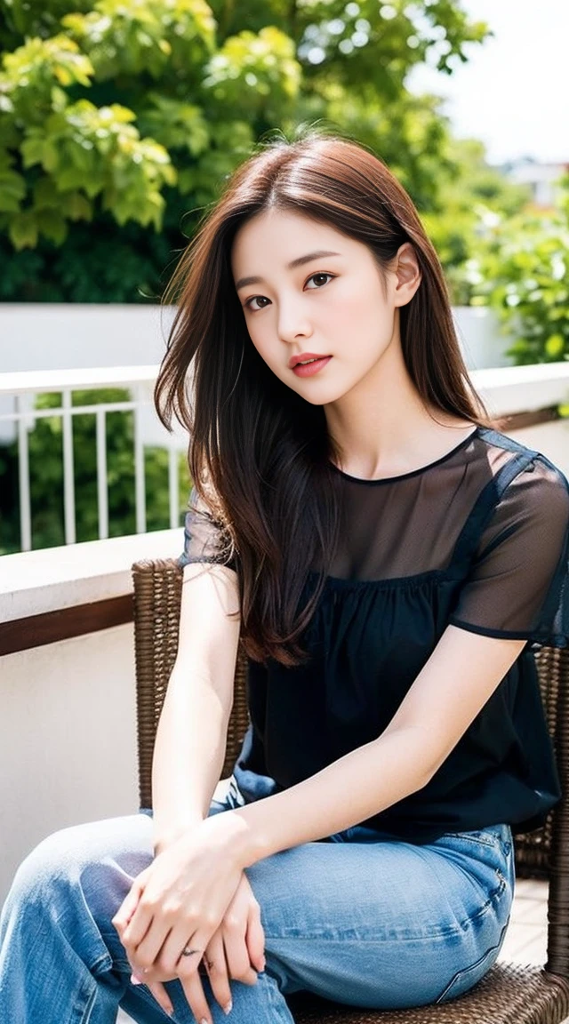 Dark brown hair、Light brown eyes、Japanese actress、 Lady、I am about 40 years old...........、(Intricate details:1.2)、 (Ultra-high resolution:1.2)、Ultra-high resolution、(Finely tuned)、(Detailed facial features)、Hmph、8K resolution、D cup size breasts、Long Hair、Tulle Frills Top、Denim pants、At the terrace cafe、Basking in the sunshine、Sitting on a chair on the terrace、Beautiful legs、Sandals、
