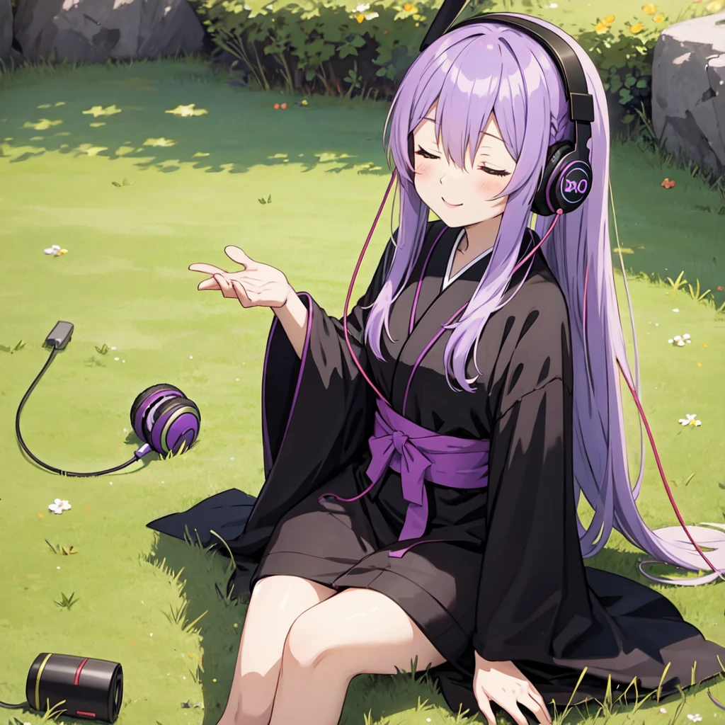1 person. Anime girl with long purple hair and black robe. Pointy ears. Cute as in manga. Sitting on grass with eyes closed. Headphones.