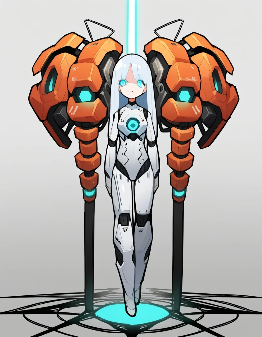 score_9, score_8_up, score_7_up, score_6_up, score_5_up, score_4_up, source_anime, BREAK solo, android female,pale_skin, long_hair, white_hair,blue_eyes, standing, curvy,glowing_eye, incubation vat, steam, cables in the _background