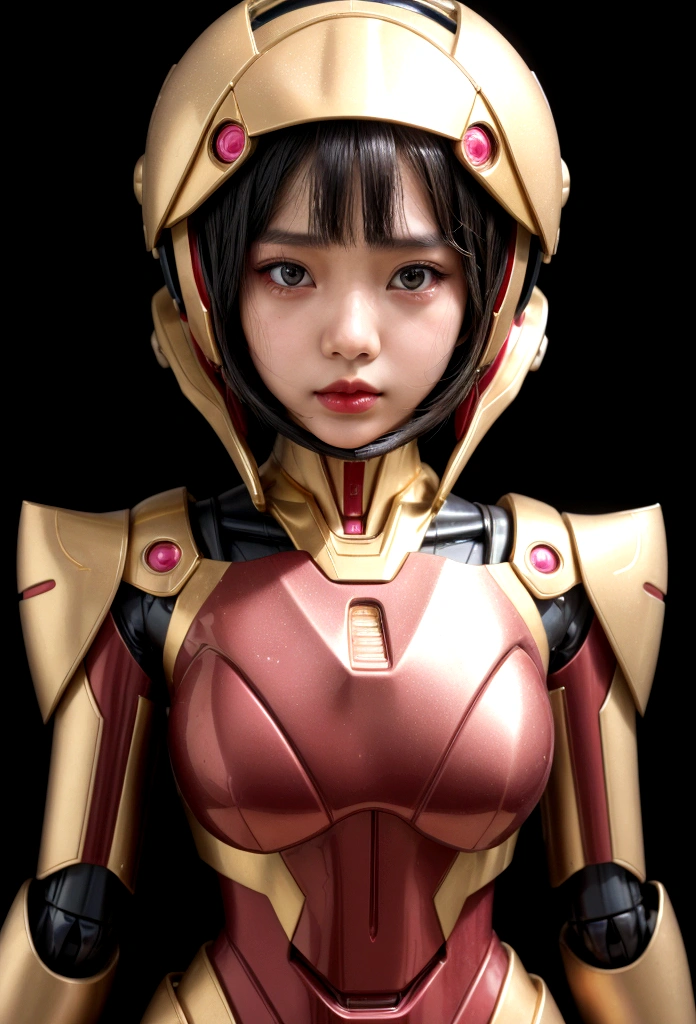 1 javanese girl , modern plain pink hijab, shy, medium portrait shot , watery eyes sad girl, glowing particles, red lips, wear red gold Mechanical suit,  Mecha robot, Strapless Mecha suit, light bokeh background, proportional body,