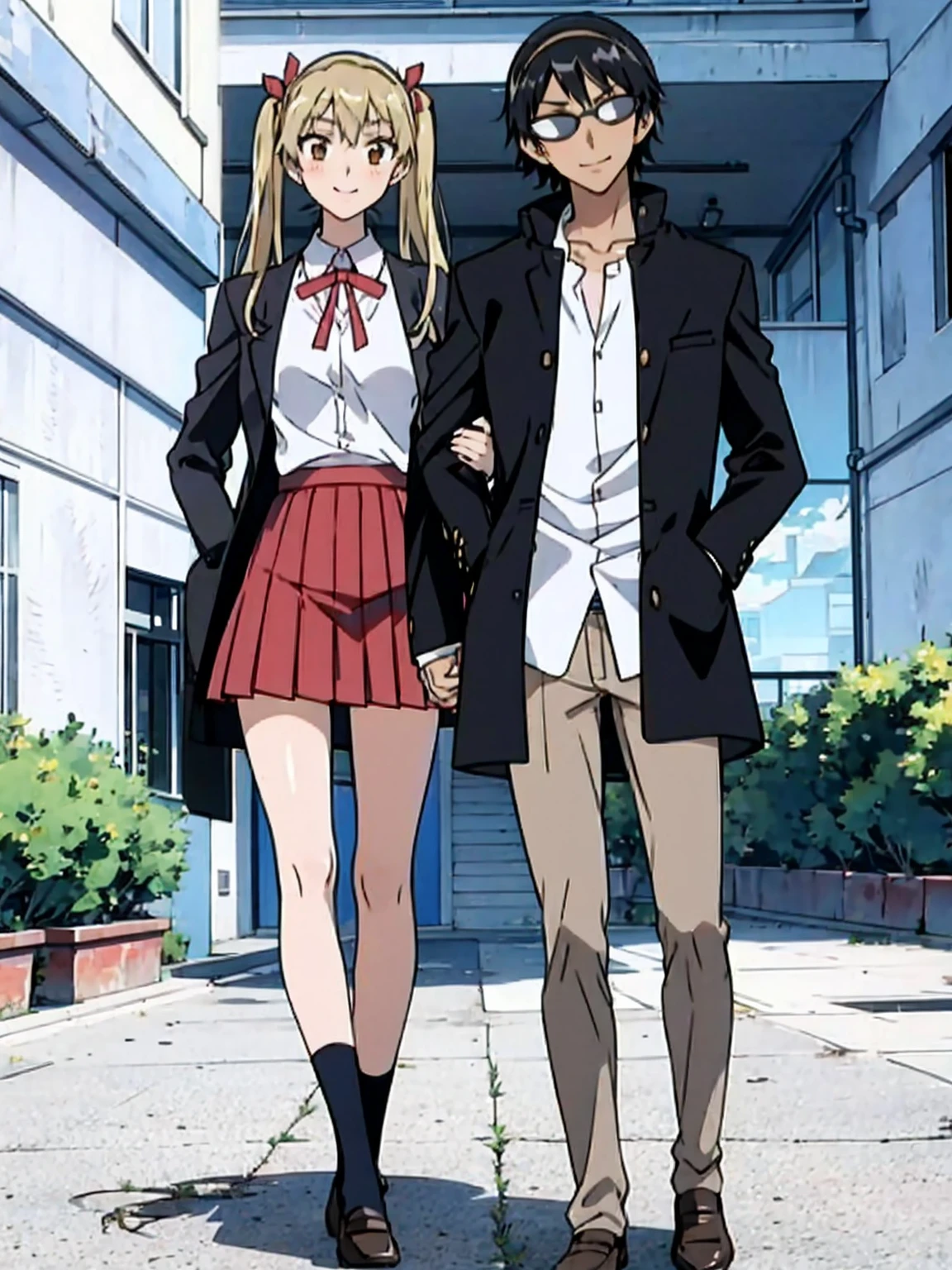 1 boy and 1 girl stand in the street,twintails,sawachika eri, brown eyes, hair ribbon,harimakenji, glasses, ,school uniform, red pleated skirt,eri,hairband, looking_at_viewer, serious, gakuran, white_shirt,smile,happy,two persons