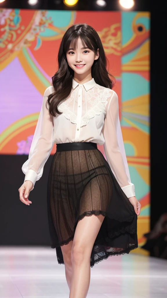 Amazingly large eyes、Smiling expression with white teeth visible、H cup bust、50cm waist、Slender and fair-skinned、Japan woman with long hair、20-year-old、Slim figure、Wearing a pleated skirt and a sheer lace blouse that flutters in the vivid breeze、Wearing high heels。On the runway at a fashion show、Her whole body was shown, from her high heels to her head, as she walked towards the viewer.、Bright, photo-quality images。