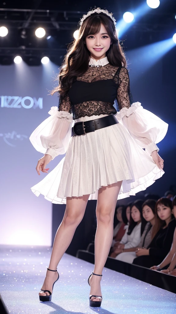 Amazingly large eyes、Smiling expression with white teeth visible、H cup bust、50cm waist、Slender and fair-skinned、Japan woman with long hair、20-year-old、Slim figure、Wearing a pleated skirt and a sheer lace blouse that flutters in the vivid breeze、Wearing high heels。On the runway at a fashion show、Her whole body was shown, from her high heels to her head, as she walked towards the viewer.、Bright, photo-quality images。