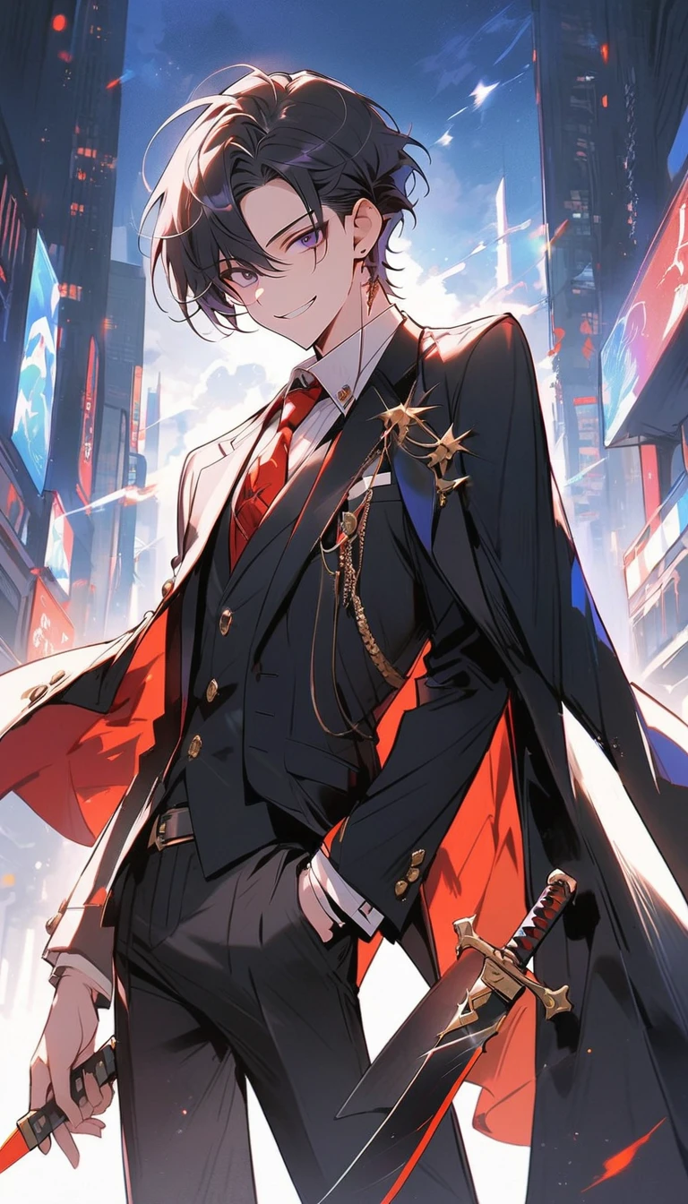 good looking, alone, 1 male, short hair, Smile Facial,1. Boy with black and purple hair, Moderate height, Slim body, Long coat, Black lining,good looking, short hair, Black Hair, Rainbow Hair, Purple eyes, 先端がスモーキーグレーのBlack Hair, smoking, Black light,smile、, Bright, sharp eyes illuminate the scene,uniform,Fewer accessories,whole body,Background white,(masterpiece, Highest quality), Yishang_edge, Default_Costume, One boy, alone, Red tie, Black jacket, Black vest, Jacket on shoulders, White shirt, Collared shirt, Black trousers, View your viewers, city, night, knife,紫色に光るknife身,View your viewers, city, night, From below,Lots of cool accessories