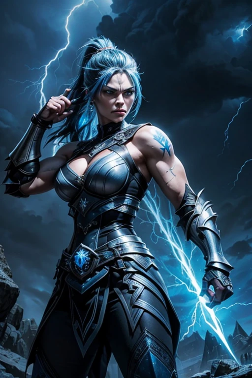 MILF, evil beautiful and muscular female storm giant with blue black hair in a ponytail, older and mature looking , throwing a lightning bolt, glowing tattoos, wearing steel runic plate mail Armour , temple cave background with lightning storm, glowing blue eyes 