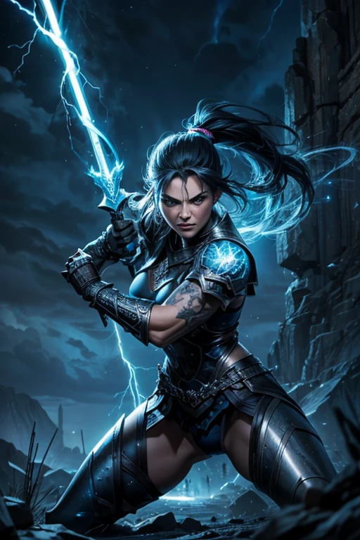 MILF, evil beautiful and muscular female Nordic storm giant with blue black hair in a ponytail, older and mature looking , throwing a lightning bolt, glowing tattoos, wearing steel runic plate mail Armour , temple cave background with lightning storm, glowing blue eyes, imposing and angry