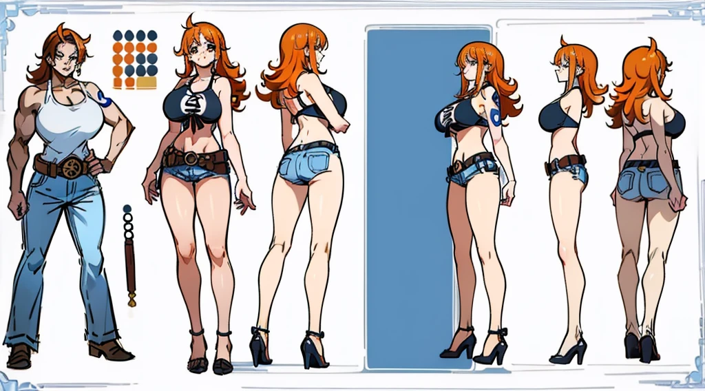 ((Best Quality)), ((Masterpiece)), (((detailed character sheet, frontal view, side view, three quarter view))) white background、one piece、US、whole body、whole bodyイラスト、whole bodyアニメーション、whole bodyリファレンスシート、denim、Tank top、High heels、Swimwear、bikini、original、New World、Long Hair、Orange Hair、Tattoo on left arm、Ring belt、Heighten your head、smile、Cute face、Big Breasts、Narrow waist、Long legs、Beautiful feet