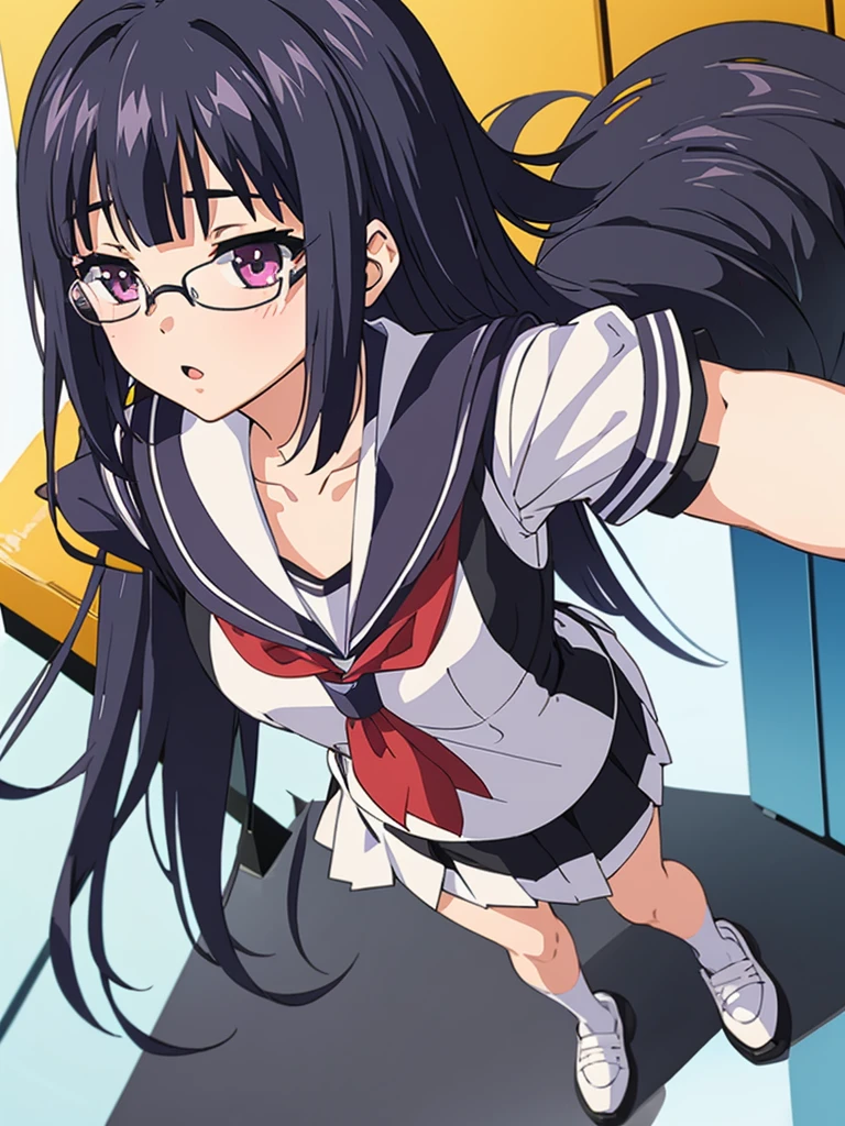 primary school girl 8 years flat chest black fur wide purple eyes 1 person glasses Short sleeve sailor suit navy blue mini skirt white panties white socks sneakers They are standing dynamic angle low angle
