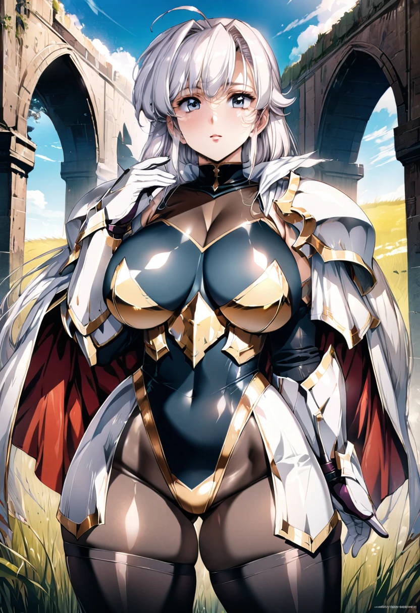 ((highest quality)), ((masterpiece)), ((hyperrealistic)), (detailed background), anime style, solo, shoot from below, 1girl, ((curvy: 1.2)), kawaii, paladin, ((Lamé black racing leotard)), ((see-through catsuit leotard)), (paladin armor), (breastplate armored dress), cloak de cour, gauntlet, gloves, white hair, ahoge, (huge breasts), see-through cleavage cutout, (zettai ryouiki black knee socks), (black see-through pantyhose thighs), (groin), beautiful eyes, perfect face, Perfect hands, perfect fingers, Blue sky and grassland,