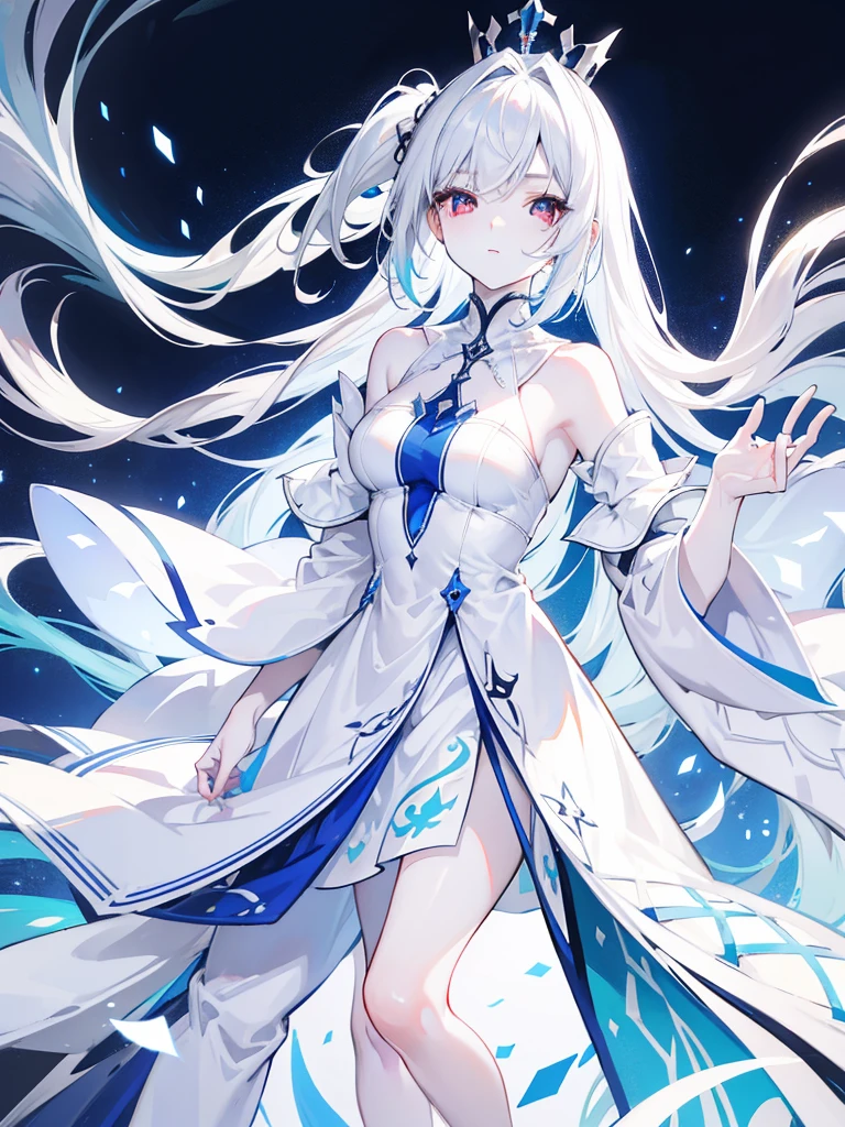 Pale skin, White hair, Blue, ((tails)), Crown Half Up, Solo,{{Best quality}}, {{Masterpiece}}, {{Ultra-detailed}}, {illustration}, {Detailed light}, Red eyes，A revealing thin dress.