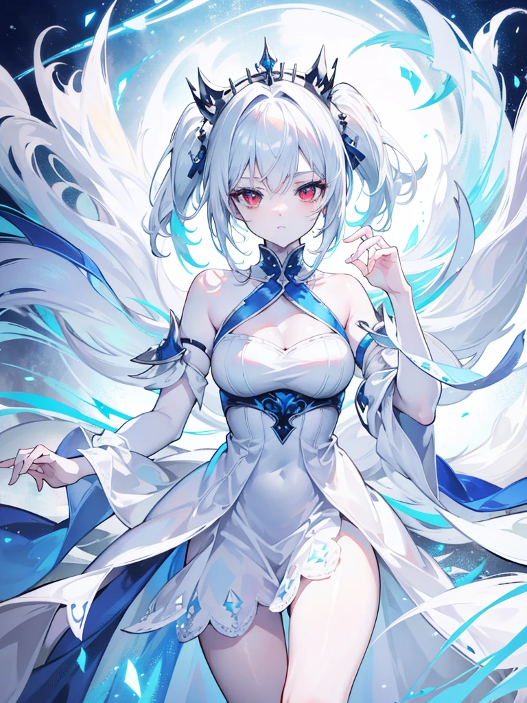 Pale skin, White hair, Blue, ((tails)), Crown Half Up, Solo,{{Best quality}}, {{Masterpiece}}, {{Ultra-detailed}}, {illustration}, {Detailed light}, Red eyes，A revealing thin dress.