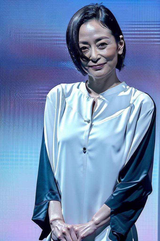 cinematic, Blue hour, (((Ultimate ultra Photorealistic, ultimate high-quality 32k photo))),(((An American shot photo, crossed arms, a42yo ultimate beautiful &cute Japanese actress:))),(((She has a very intelligent and ultimate beautiful Japanese face&black eyes, pointy nose, ultra detailed face, oval face, blushing cheeks, ultimate well-proportioned face with))),((black elegant wet short middle bob, very light naturally makeup)),(((She has the ultimately perfect nice&Sensual proportions, very just fitted v-neck half sleeve white elegant business buttonless Open-collar blouses , white beautiful ultimate realistic glossy wet Japanese lady Fair and beautiful skin , A simple and modest silver necklace,Stormy Summer very Humid and Hot very dark Night ,Tokyo business night street)))