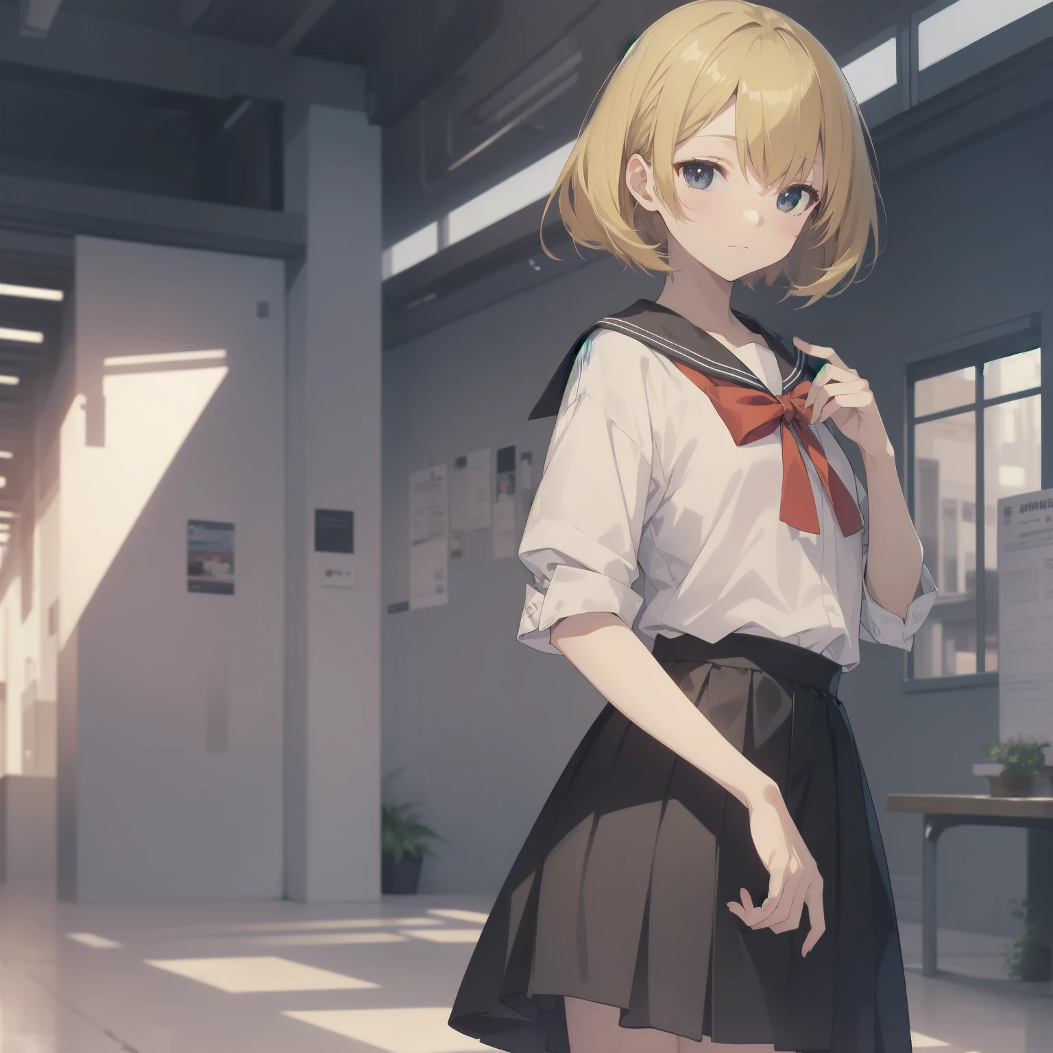 ultra-absurdres-Top quality by artist God, ultra-detailed, high resolution, anime moe artstyle, best anime 8k konachan wallpaper, pixiv contest winner, pool:2810, perfect anatomy,break, 1girl, (Please draw a girl walking sleepily to school alone. )break,(Solo,little female, 13-year-old:1.3),Full limbs, complete fingers,a junior high school student, (very short hair), short cut, flat chest, , small butt, small black eyes, beautiful detailed eyes, well-proportioned iris and pupils, expressive eyes, highres detailed hair, soft expression, salor school_uniform, sailor collar, serahuku, bow, pleated skirt,(Detailed Lighting), (Detailed background), in the School commute route. break,super detailed skin, Best cinematic lighting powered by famous artist, 8k,beauty illustration,photoshop_(medium),very aesthetic,break,((artist:gomashio_(goma_feet) )), artist:clamp ,artist:carnelian ,artist:kantoku ,