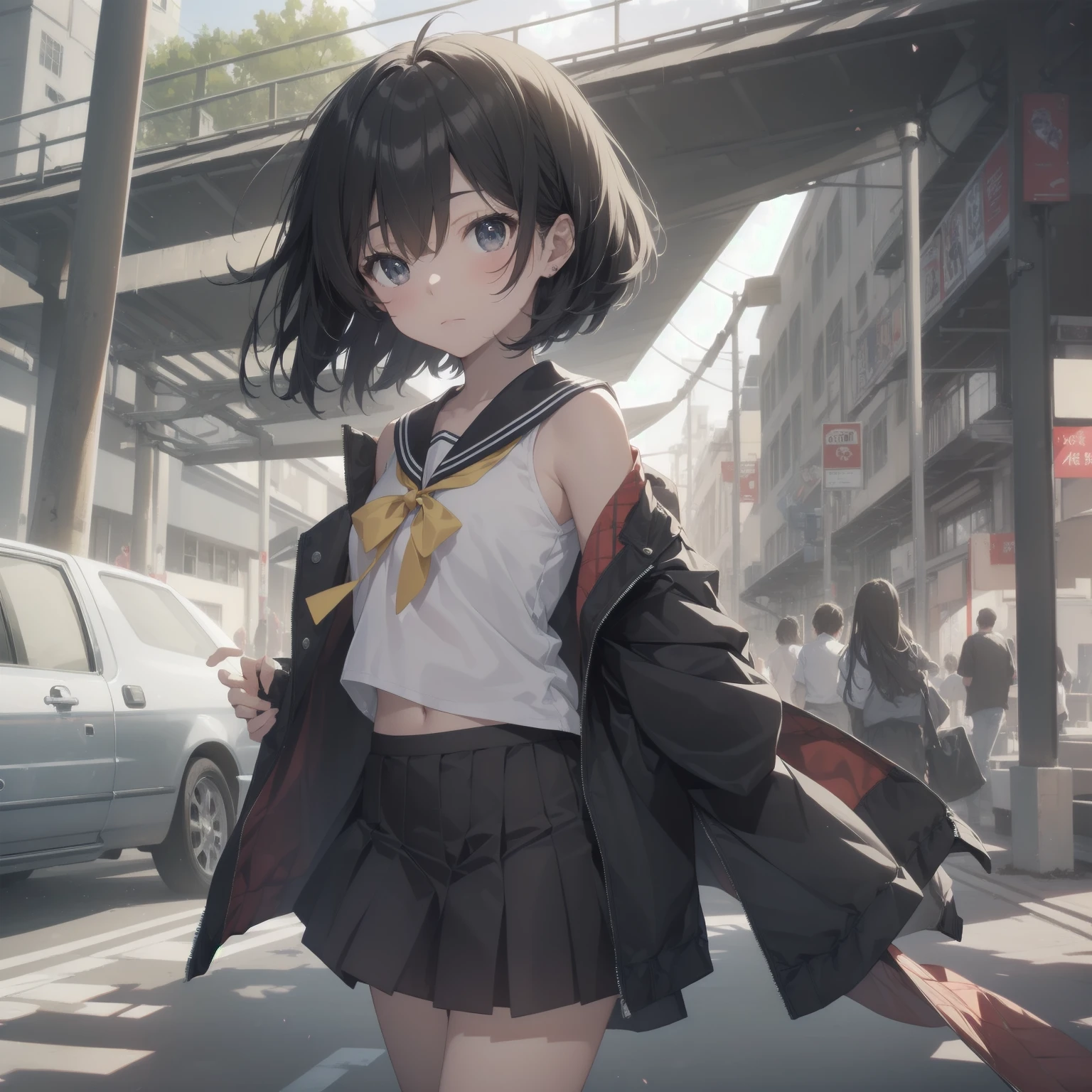 ultra-absurdres-Top quality by artist God, ultra-detailed, high resolution, anime moe artstyle, best anime 8k konachan wallpaper, pixiv contest winner, pool:2810, perfect anatomy,break, 1girl, (Please draw a girl walking sleepily to school alone. )break,(Solo,little female, 13-year-old:1.3),Full limbs, complete fingers,a junior high school student, (very short hair), short cut, flat chest, , small butt, small black eyes, beautiful detailed eyes, well-proportioned iris and pupils, expressive eyes, highres detailed hair, soft expression, salor school_uniform, sailor collar, serahuku, bow, pleated skirt,(Detailed Lighting), (Detailed background), in the School commute route. break,super detailed skin, Best cinematic lighting powered by famous artist, 8k,beauty illustration,photoshop_(medium),very aesthetic,break,((artist:gomashio_(goma_feet) )), artist:clamp ,artist:carnelian ,artist:kantoku ,