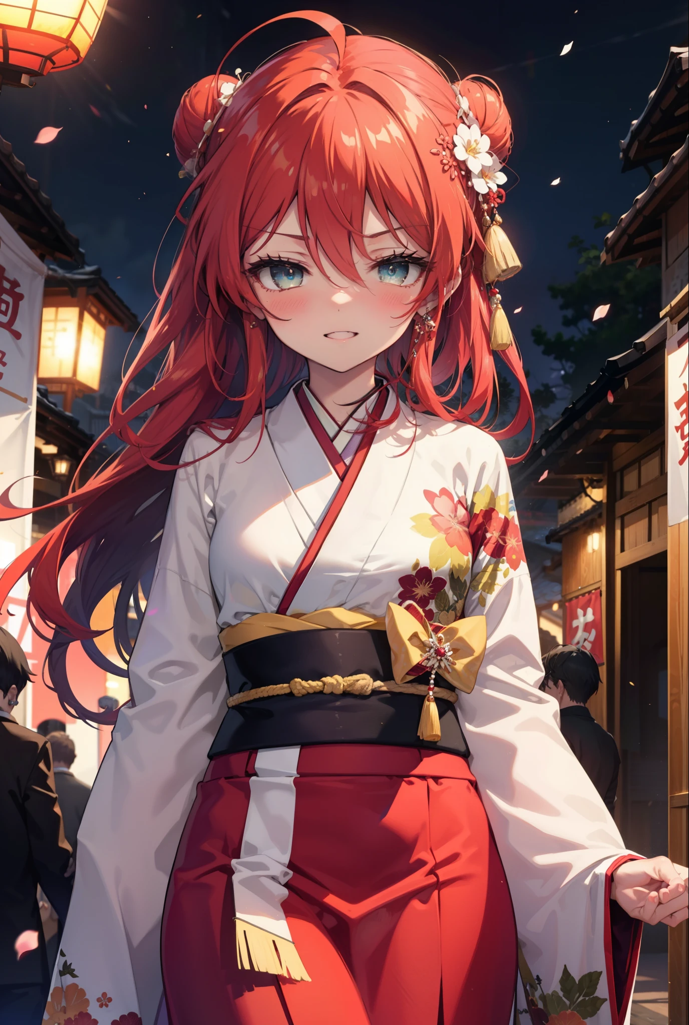 Shana,灼眼のShana,Long Hair, Redhead, Red eyes,Ahoge,smile,blush,Open your mouth,Hair Bun, single Hair Bun,blush,Red Kimono,Thick sleeves,Red long skirt,日本のfestival,夏festivalの屋台,Red lantern,　　　　　　　　　　　break looking at viewer, Upper Body,  　　　　　　　break outdoors, shrine,festival, 　　　　　　　　　　　　　break (masterpiece:1.2), Highest quality, High resolution, unity 8k wallpaper, (shape:0.8), (Beautiful and beautiful eyes:1.6), Highly detailed face, Perfect lighting, Highly detailed CG, (Perfect hands, Perfect Anatomy),