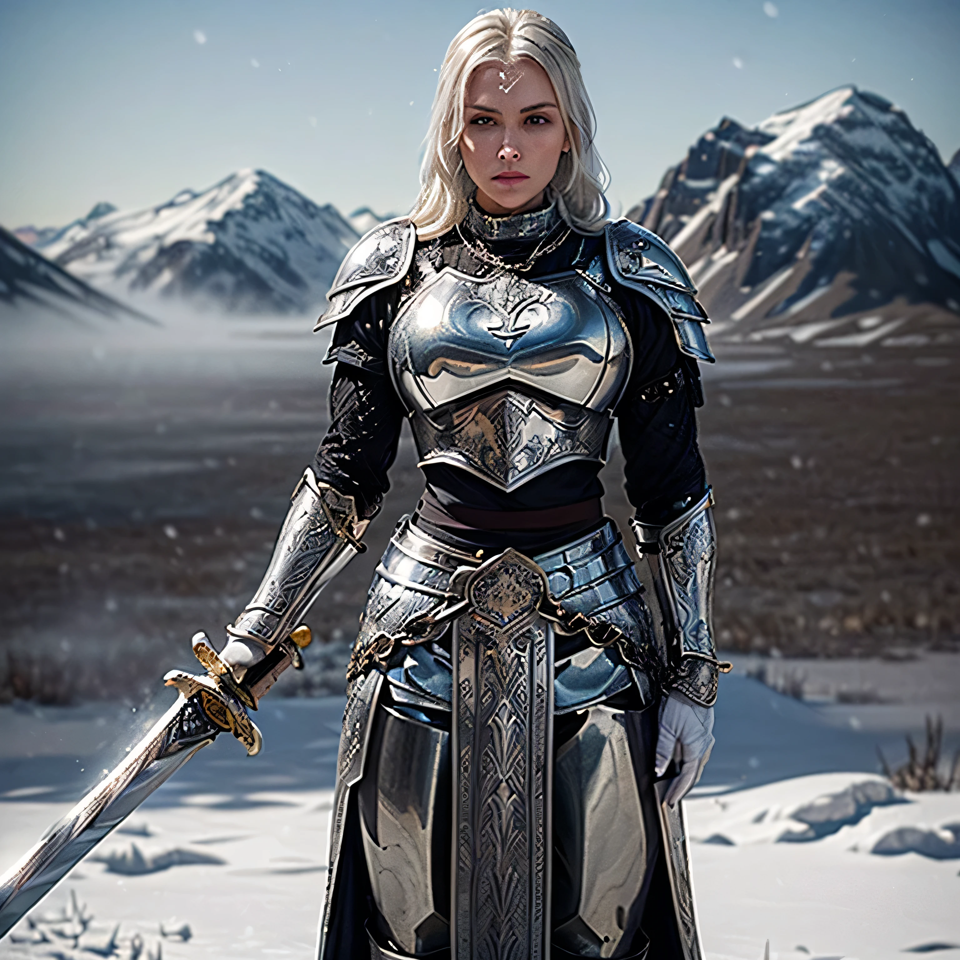 (masterpiece, photorealistic:1.4, extremely intricate:1.3), (photon mapping, radiosity, physically based rendering, ultra resolution, hyper-realistic, 8K), gigantic mature female bodybuilder frost giant, ((long braided)) [silver hair:blonde hair:0.6], ((((((ONE gigantic white frost sword)), glowing, engraved)))), tattoo:1.2, pale grey blue skin, (((perfectchainmail, medieval etched white chrome breastplate armor:1.2, from below, upper torso)), chain jewelry), (((outdoor tundra, snow, plains, faraway snow covered mountain peaks, frost mist breath)