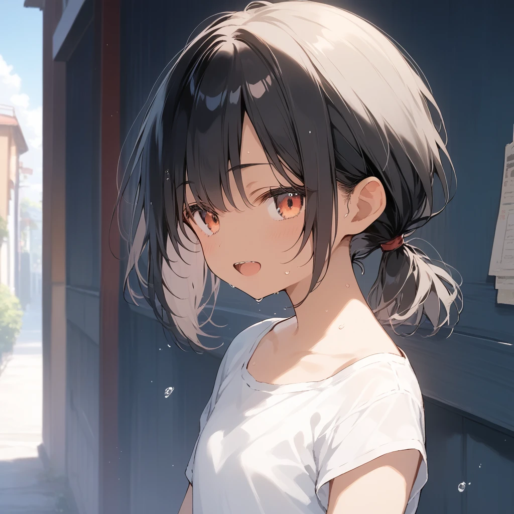 score_9, score_8_up, score_7_up, source_anime, best quality, masterpiece, official art, absurdres, highres, ultra-detailed,waifu2x,Collection: Slice of Life,break,1girl, tomboy, dark-skinned female, short hair, low ponytail, flat chest, beautiful detailed eyes, short shorts, sweat, open mouth, (yawn:0.3), sleepily, outdoors, wind,break,(clear line illustration:1.2), super detailed skin,very high resolution, very aesthetic, Best sexual lighting powered by famous artist, 8k,cute picture,beauty illustration,photoshop_(medium),,(Detailed Lighting),best anime 8k konachan wallpaper, pixiv contest winner,