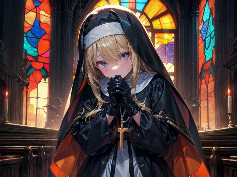 Praying with hands folded　Rubber puff sleeve　Golden Rosary　Interior background of the church　Stained glass　　sunset　Orange Room　anime　Vinyl Sister Black Veil　Nuns　Shiny black sister outfits　Blonde long hair　　Extra long black rubber gloves　cute　Pathetic　clear　Droopy eyes　I&#39;worry　Open your mouth slightly and smile　Shocking Pink Rouge　Shiny black rubber riding suit　Wet lips　The costume is shiny with lotion　Embarrassing　Blushing　Embarrassing　Big breasts that will tear your clothes　Very large breasts　Extremely distended breasts　Huge breast swelling　Looking into the camera　university student　Year: 20　Illustrated style　anime風　　beautiful girl　Cheeks pink　Blonde long hair　super curly hair　Super long sideburns　Black rubber long socks that reach down to the 