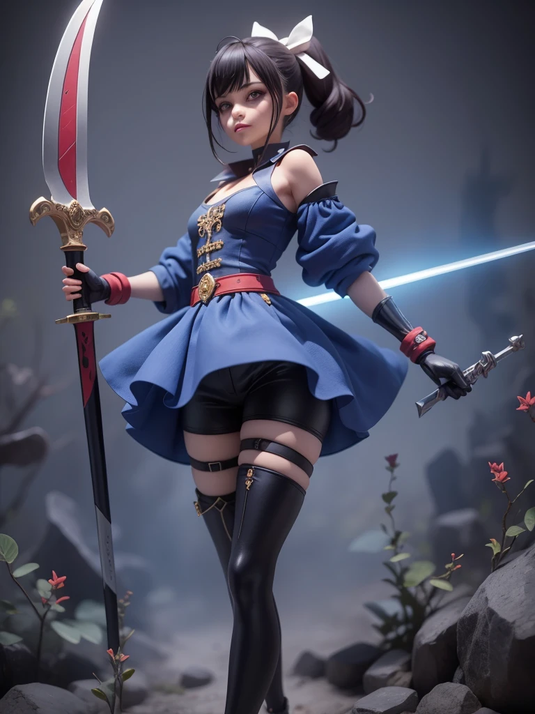 female mascot, small, , Ray-tracing, Waist slender, small, with ancient clothes, detailed, Russian robes, warm clothing, hot pants e botas, with sword in hand, futuristic gun pointing left, pose to the left, detailed doom style sword, large sword with different colors, futuristic sword, cintura small, complex light, cyberpunk sword in hand, sock with horizontal stripes in two colors up to the thigh, complex light, wool, pants with many folds, exclusive gloves, dynamic position, dark look, dark look, giant sword in hand, attacking, belts around the waist, detailed hem, giant laser sword, dark look, shorts, Darkening, Eyes red, Traits I didn't bring, prints, big thorns bracelet, shorth hair, Power spells,High subsurface, High subsurface, occlusion environment, ((dark look)), dark look, black costumes, shorth hair, big gloves, Bodysuit, (tied hair), hair divided into two, full-body vision, hair tied with ribbons and large bows, joelheiras detailed, ((blackquality hair)), ((blue short dress with stylish rip at the waist)),mortal kombat, detailed top, shoulder pads rich in details, Thigh-high boots, hair divided into two, stamped, red details,((sexy)),((peitões))