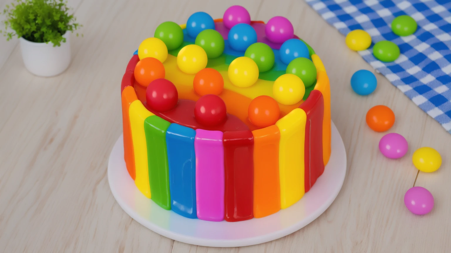 on a wooden table, cake on a white plate. rainbow chocolate bar cake, rainbow ganage on top, rainbow spheres made of polymer clay. there is a blue checkered tablecloth on the table. scattered rainbow jelly beans. there is a vase with a plant on a wooden table. Realistic style, realistic texture, detailed texture, bright lighting, Beautiful light from the window, high quality, A high resolution, macro photography, ultra hd 4k, Beautiful sunlight