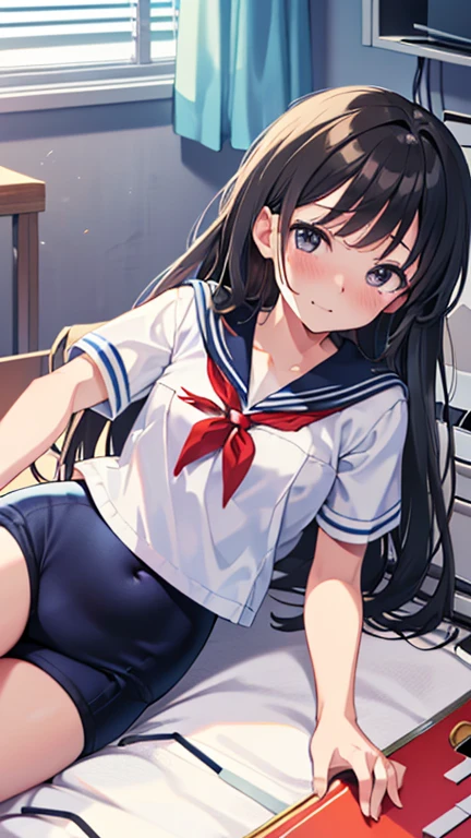 masterpiece,Highest quality,High resolution,shape,Very detailed,8k wallpaper,Ray Tracing,girl,(Black Hair:1.1),((Long Hair:1.1)),(Black Eye 1:1.1),Straight hair,Medium Chest,((embarrassing 1:1.3)),((Female organ 1:1.3)),((white short sleeve sailor uniform:1.2)),Her Room,School Swimsuit,Lie down