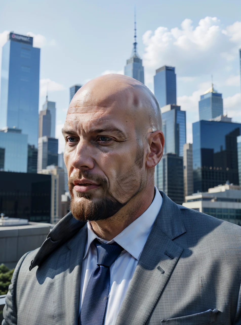 (absurdres, highres, ultra detailed, realistic, ), 1 male, solo, adult, mature, tall muscular guy, broad shoulders, handsome, bald, blue eyes, angular bearded jaw, view of the city background, formal suit, necktie, upper body