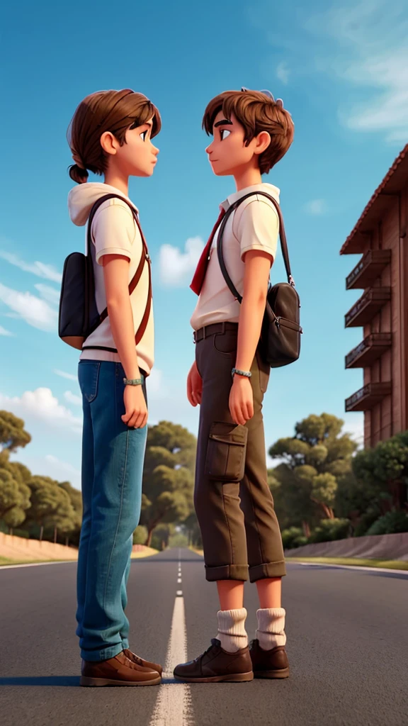 Two people talking on road standing front of another 