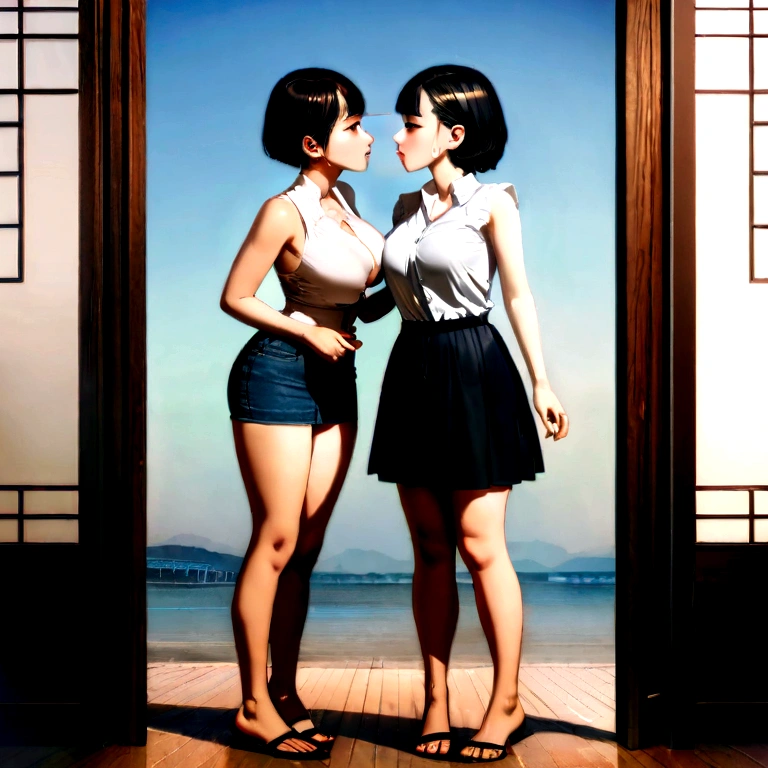 Highest quality,masterpiece,Two former idols,Completely naked,Nipples,Dark hair color,A good friend,Nude gravure shoot,During a break,pubic hair,Photo studio,Smiling members chatting among themselves