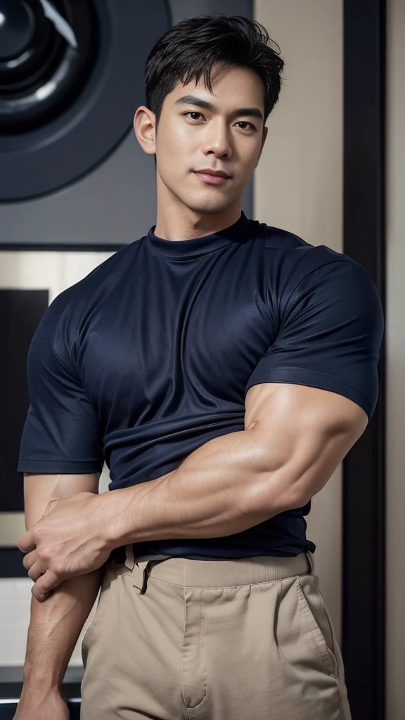 (Create a masterpiece: 1.2),(CGI art:1.3),(realistic:1.5),(After processing:1.3), (Sharp focus:1.3), 1 man, open mouth, smile, (Navy blue round neck shirt:1.3), Navy cargo pants, Korean guy , korean men, (High gloss details), chest muscles, large arm muscles, blood vessel, Big muscles, Broad shoulders, looking at the audience, Balancing the eyes, bedroom