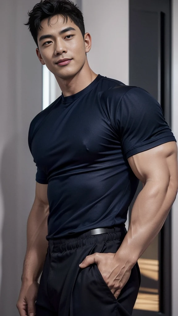 (Create a masterpiece: 1.2),(CGI art:1.3),(realistic:1.5),(After processing:1.3), (Sharp focus:1.3), 1 man, open mouth, smile, (Navy blue round neck shirt:1.3), Navy cargo pants, Korean guy , korean men, (High gloss details), chest muscles, large arm muscles, blood vessel, Big muscles, Broad shoulders, looking at the audience, Balancing the eyes, bedroom