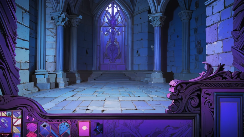 make the image of a very fantasy castle room with the color palette based on blue, and purple and grayish stone walls