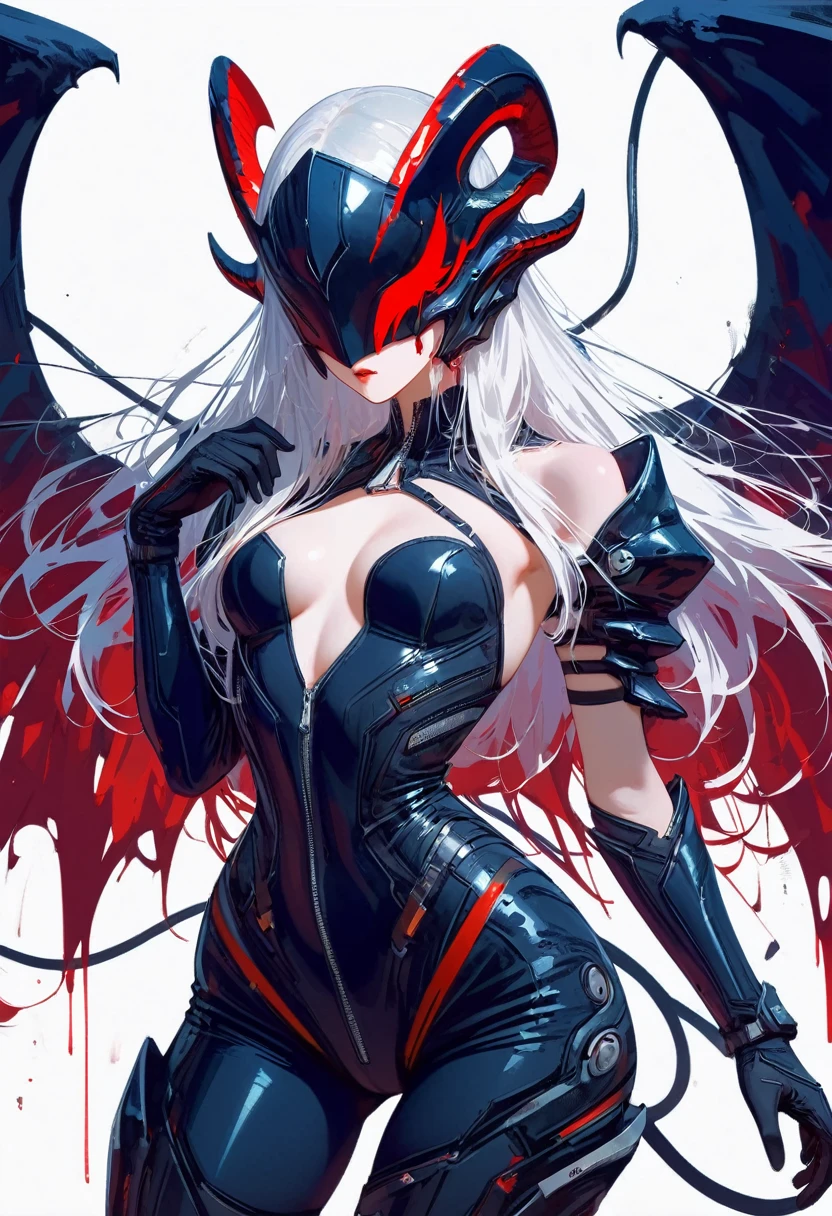 masterpiece, best quality, 8K, number, 1 girl, Solitary, stand up, youth, White hair, long White hair, Hair accessories, Red Eyes, Round pupil, Emotionless expression, Blood-stained mechanical parts, electric wire, cable, Failure Effect, scary, Science fiction, Futuristic, The background is darker, Neon, Cyberpunk Characters, Surreal, Strange, Disturbing, Creepy, scary, One-piece Pants,Red Eyes,Venom,nigrescence,Long black gloves,Jumpsuits,Tight latex bodysuit,Highlight her graceful figure,将整个身体包裹stand up,Symbiote,((Sexy highlighted)),One-piece Pants,Red Eyes,Venom,nigrescence,Long black gloves,Jumpsuits,Black latex suit,Blood-Red Eyes,best quality, high resolution, Very detailed, Vivid texture, mask, Tight latex bodysuit, Bangs,Purple Hair, blue eyes