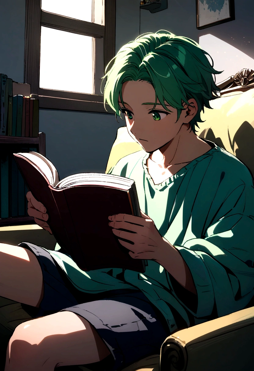 boy, 16 years, green hair, sitting on the couch, reading, in room